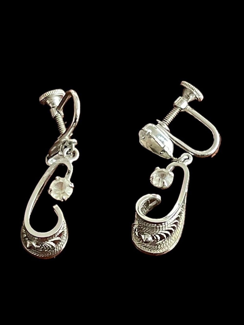 Vintage Rare AM LEE Filigree Sterling Silver Rhinestone Screw Back Earrings